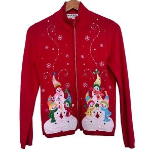 Jack B. Quick Petites Women’s Sz PP Snowman Sweater Christmas Red Front Zip
